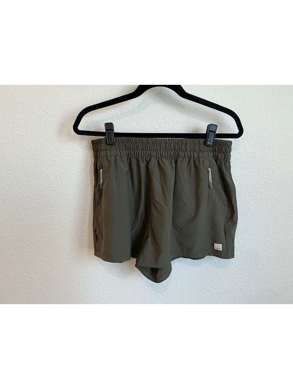 Vuori Olive Green Athletic Shorts with Zippered Pockets, Size XL